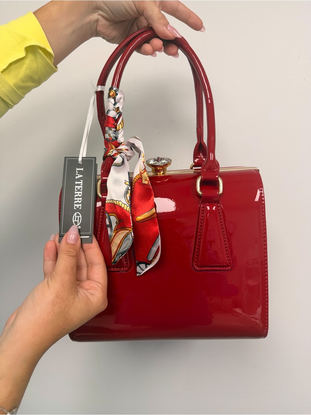 La Terre Red Patent Satchel with Twilly Accent
